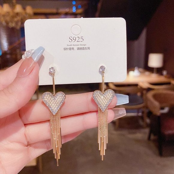 Jewelry - Long Tassel Earrings Heart Love Earrings with Pearl